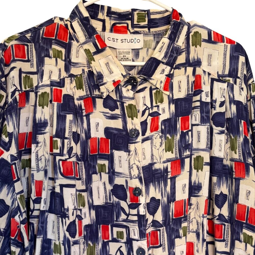 Vintage-Inspired C.S.T. Studio Abstract Artisan Blouse 2X Geometric Window Panes